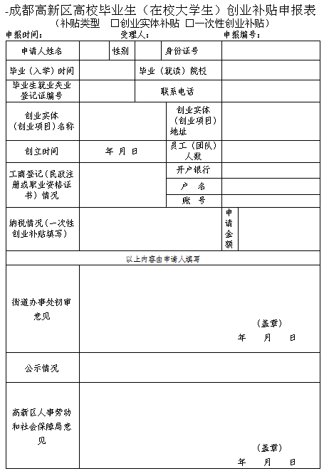 成都高新区高校毕业生/在校大学生创业补贴申请表